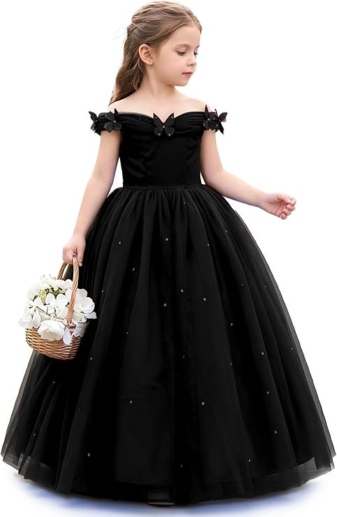 TinyTulle Princess Off-the-Shoulder Tulle Flower Girl Dress with 3D Butterflies