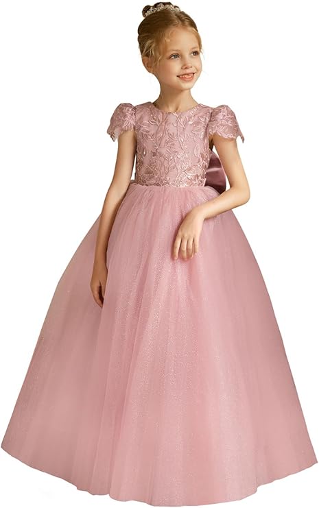TinyTulle Elegant Lace Applique Cap Sleeve Tulle Flower Girl Dress with V-Back &amp; Bow