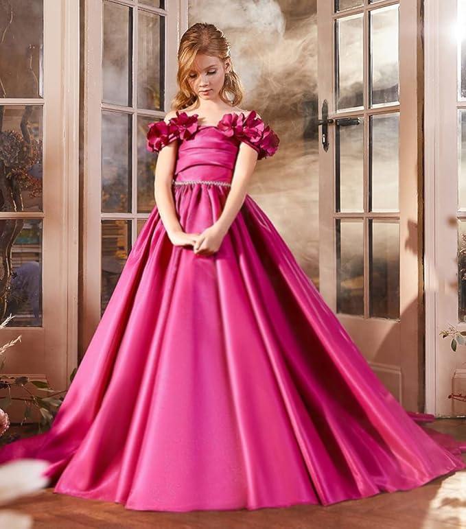TinyTulle Fuchsia Pink Satin Flower Girl Dress with Off-Shoulder Floral Sleeves
