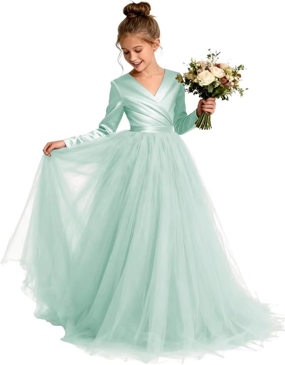 TinyTulle Elegant Long Sleeve Satin Tulle Princess Flower Girl Formal Gown