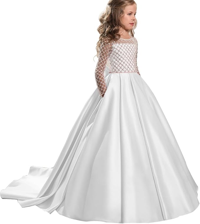 TinyTulle Elegant Long Sleeve Satin Flower Girl Dress for Weddings &amp; First Communion