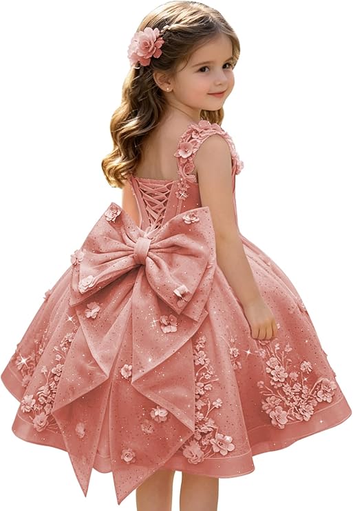 TinyTulle Exquisite 3D Floral Lace Appliqué Flower Girl Dress with Oversized Bow
