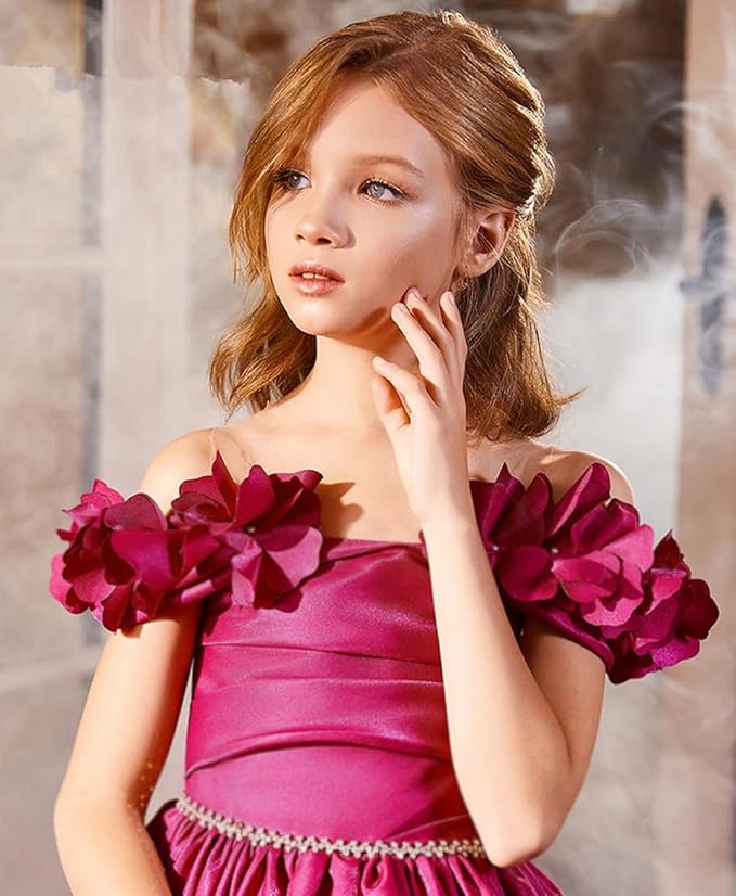 TinyTulle Fuchsia Pink Satin Flower Girl Dress with Off-Shoulder Floral Sleeves