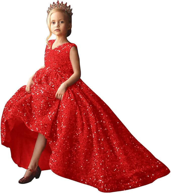TinyTulle Glitter Sequin V-Neck Sleeveless Ball Gown Flower Girl Dress