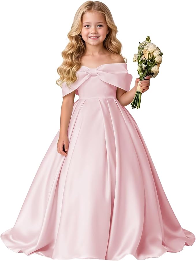 TinyTulle Elegant Off Shoulder Satin Princess Flower Girl Dress for Wedding