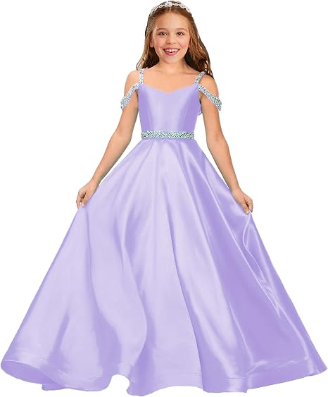 TinyTulle Satin Rhinestone Flower Girl Princess Gown for Weddings &amp; Pageant