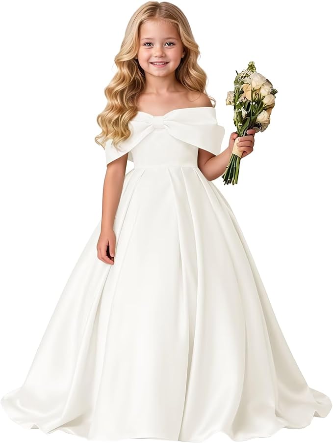 TinyTulle Elegant Off Shoulder Satin Princess Flower Girl Dress for Wedding