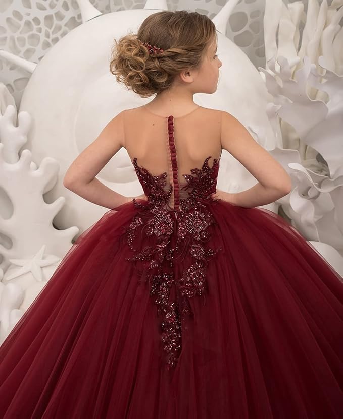 TinyTulle Burgundy Sleeveless Lace Applique Tulle Ball Gown Flower Girl Dress