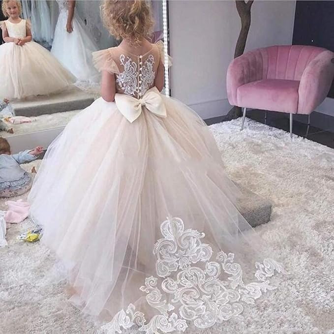 TinyTulle White Lace Tulle Cap Sleeve Ball Gown Flower Girl Dress with Satin Bow for Wedding