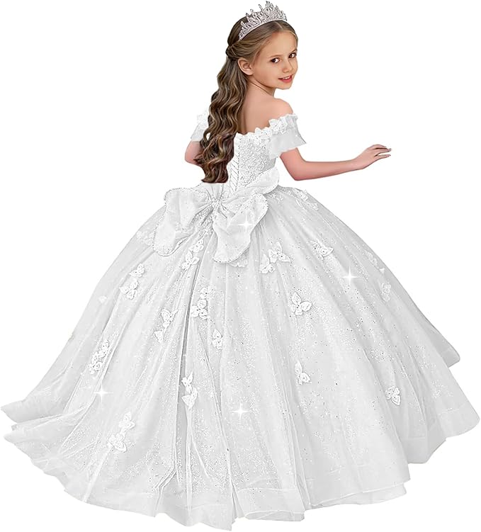 TinyTulle Butterfly Glitter Tulle Flower Girl Dress with Off Shoulder Sleeves &amp; Bow