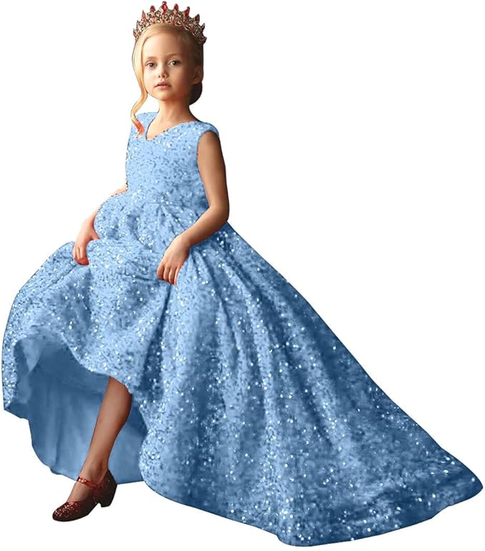 TinyTulle Glitter Sequin V-Neck Sleeveless Ball Gown Flower Girl Dress