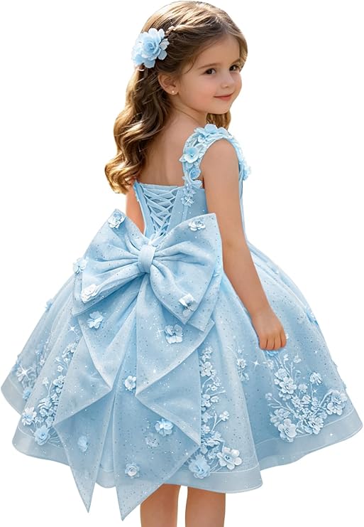 TinyTulle Exquisite 3D Floral Lace Appliqué Flower Girl Dress with Oversized Bow