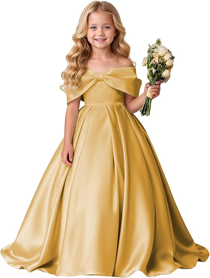 TinyTulle Elegant Off Shoulder Satin Princess Flower Girl Dress for Wedding