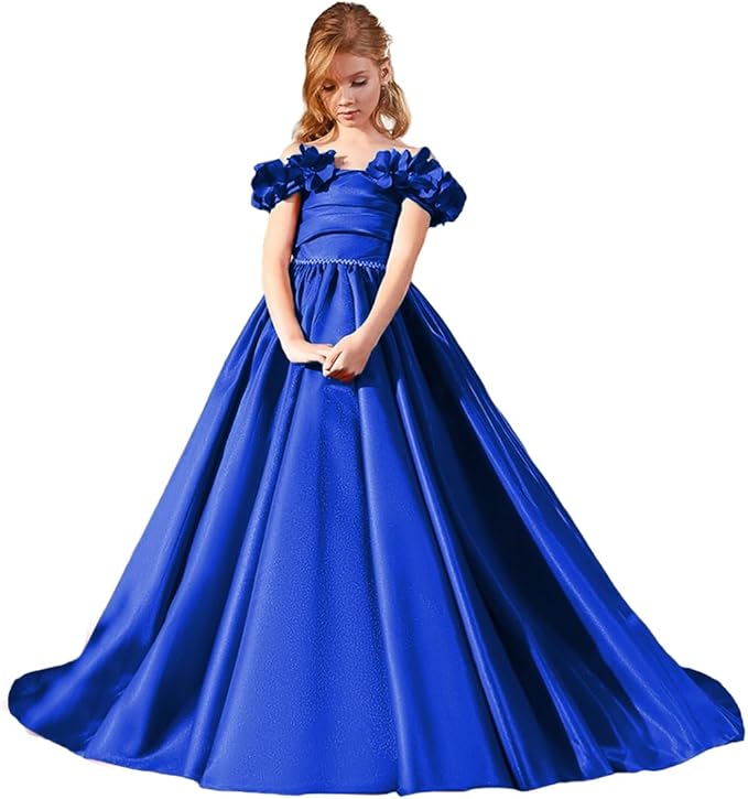 TinyTulle Fuchsia Pink Satin Flower Girl Dress with Off-Shoulder Floral Sleeves