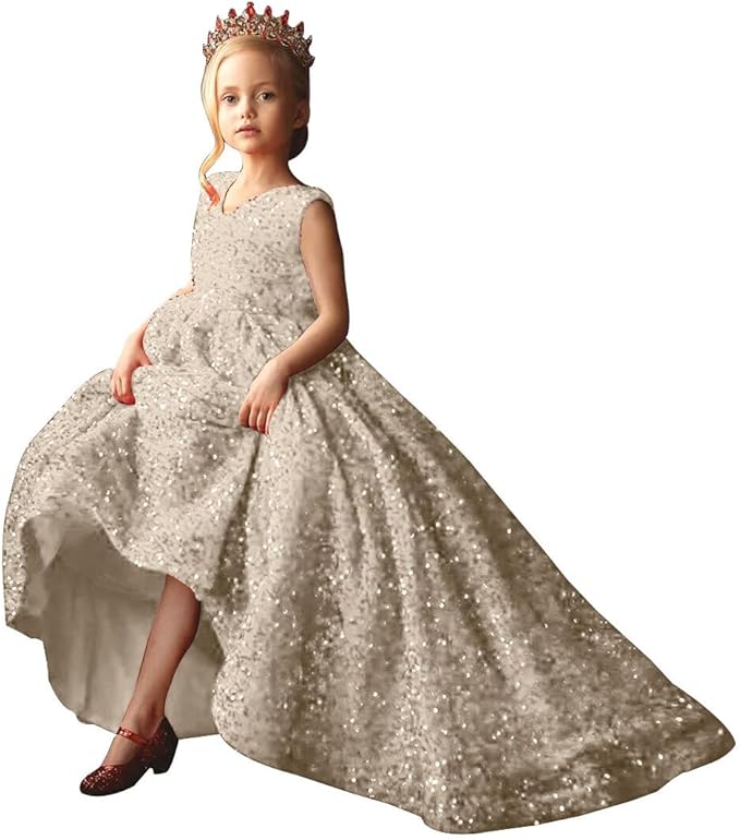 TinyTulle Glitter Sequin V-Neck Sleeveless Ball Gown Flower Girl Dress