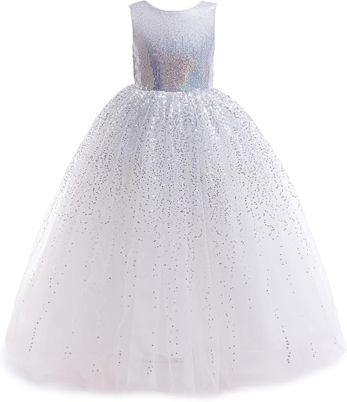 TinyTulle Sparkly Sequin Tulle Long Princess Flower Girl Dress for Special Occasions