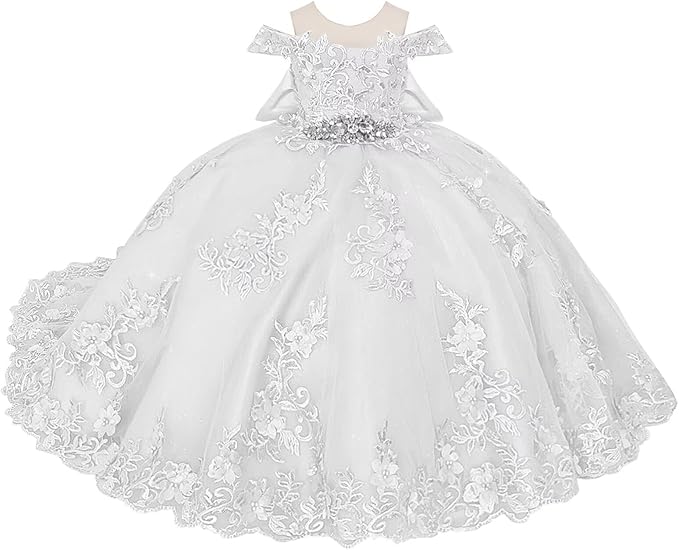 TinyTulle Blue Off Shoulder Floral Lace Applique Tulle Flower Girl Dress with Bow