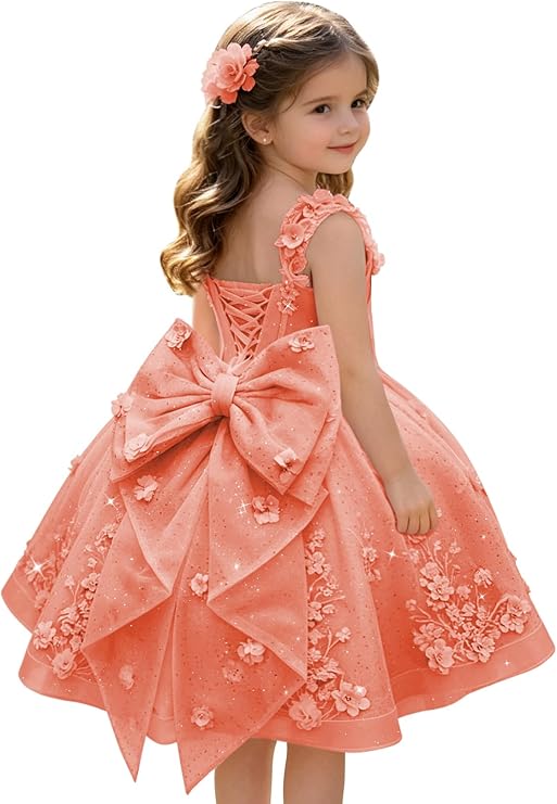 TinyTulle Exquisite 3D Floral Lace Appliqué Flower Girl Dress with Oversized Bow
