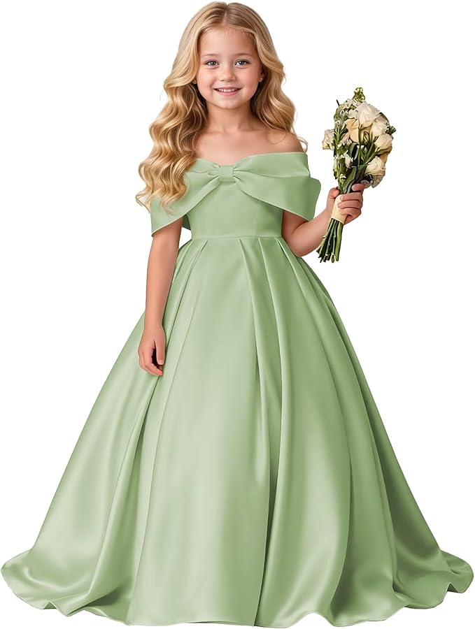TinyTulle Elegant Off Shoulder Satin Princess Flower Girl Dress for Wedding