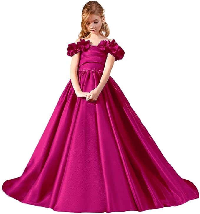 TinyTulle Fuchsia Pink Satin Flower Girl Dress with Off-Shoulder Floral Sleeves