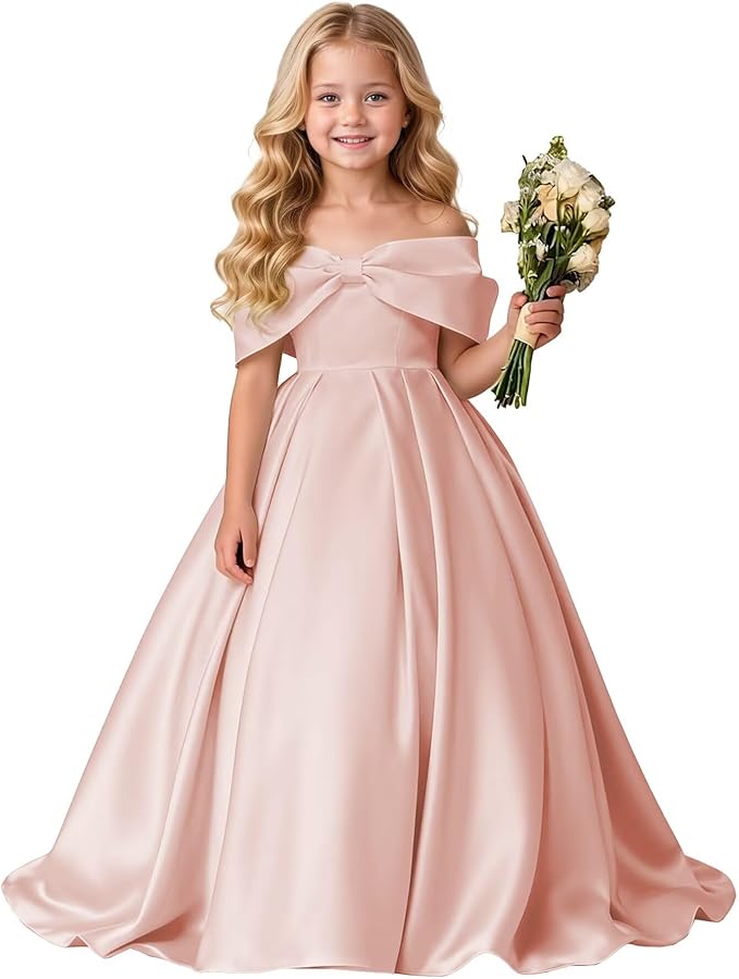 TinyTulle Elegant Off Shoulder Satin Princess Flower Girl Dress for Wedding