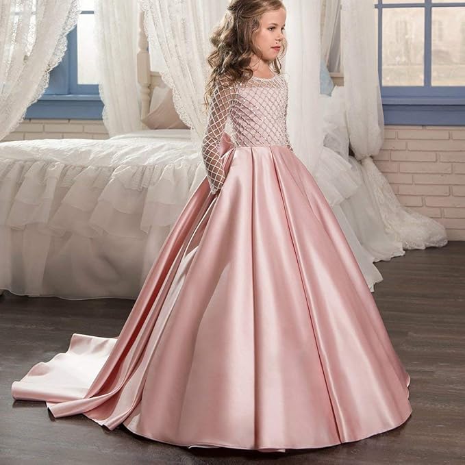 TinyTulle Elegant Long Sleeve Satin Flower Girl Dress for Weddings &amp; First Communion