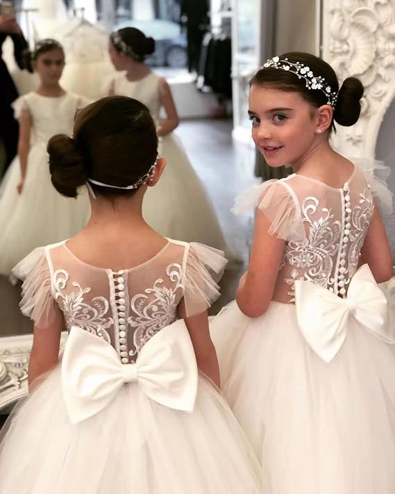 TinyTulle White Lace Tulle Cap Sleeve Ball Gown Flower Girl Dress with Satin Bow for Wedding