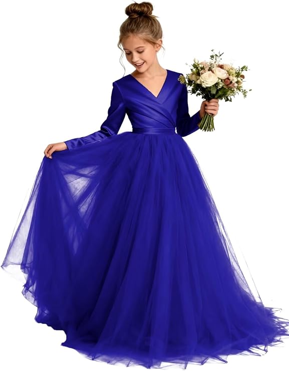TinyTulle Elegant Long Sleeve Satin Tulle Princess Flower Girl Formal Gown