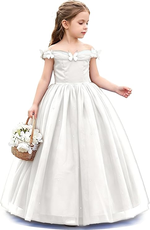 TinyTulle Princess Off-the-Shoulder Tulle Flower Girl Dress with 3D Butterflies