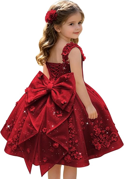 TinyTulle Exquisite 3D Floral Lace Appliqué Flower Girl Dress with Oversized Bow