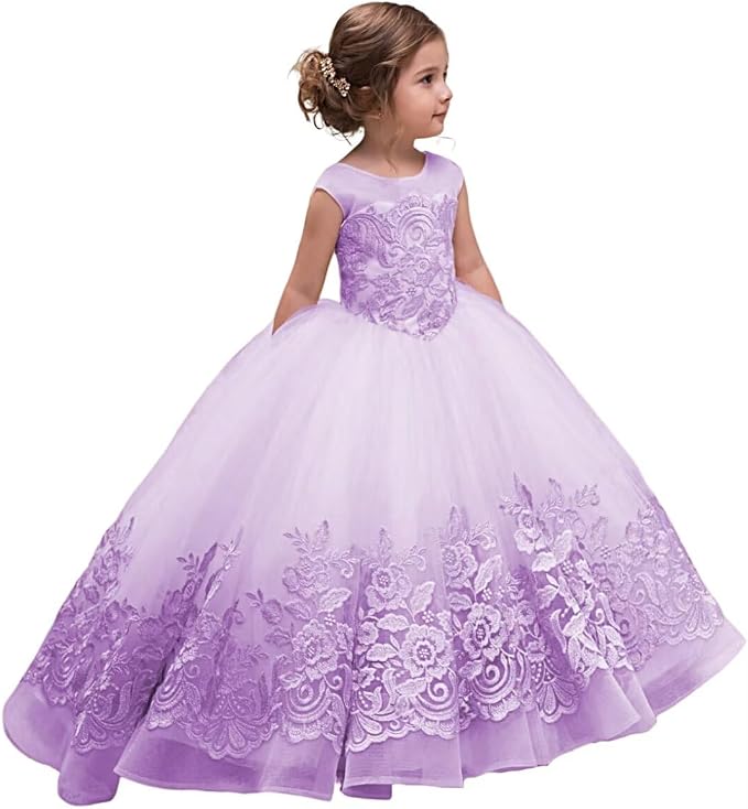 TinyTulle Elegant Champagne Floral Appliqué Tulle Flower Girl Dress with Bow
