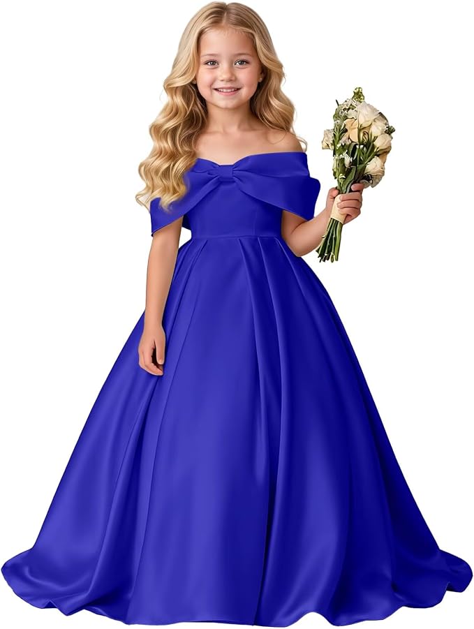 TinyTulle Elegant Off Shoulder Satin Princess Flower Girl Dress for Wedding