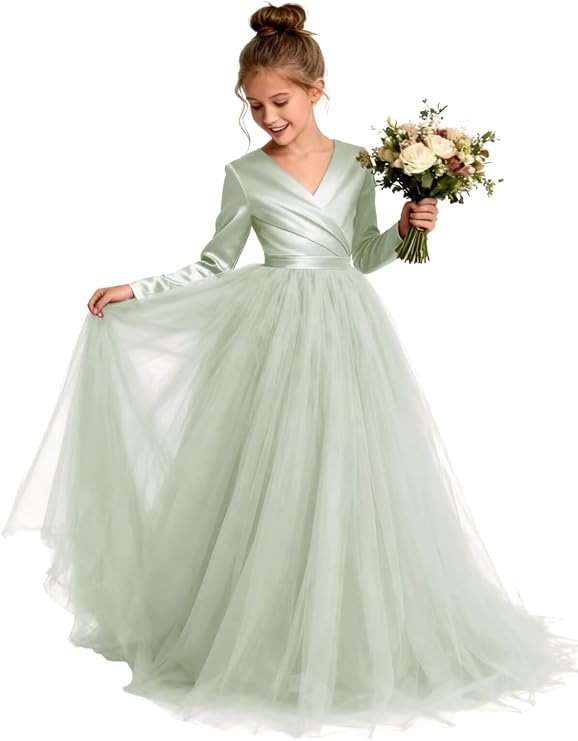 TinyTulle Elegant Long Sleeve Satin Tulle Princess Flower Girl Formal Gown