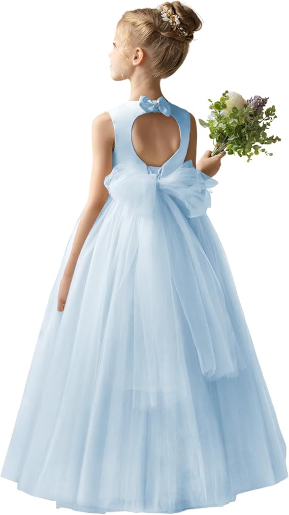 TinyTulle Champagne Satin Tulle A-Line Flower Girl Dress with Bow