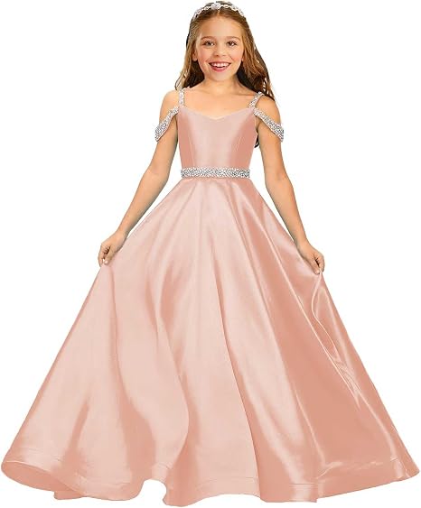 TinyTulle Satin Rhinestone Flower Girl Princess Gown for Weddings &amp; Pageant