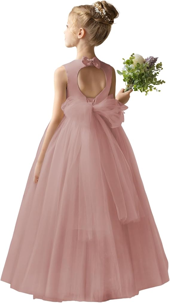 TinyTulle Champagne Satin Tulle A-Line Flower Girl Dress with Bow