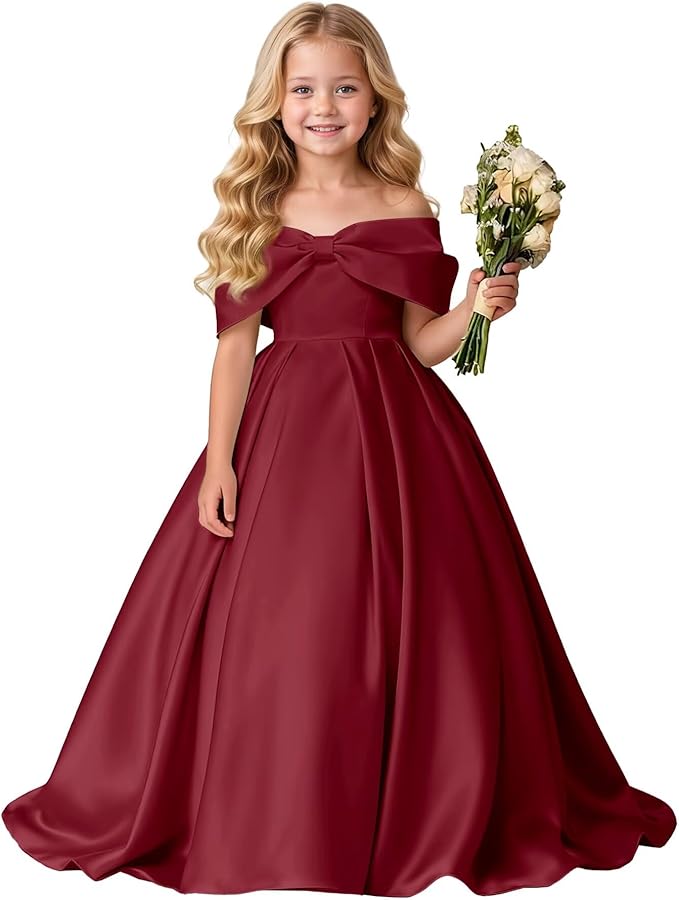 TinyTulle Elegant Off Shoulder Satin Princess Flower Girl Dress for Wedding