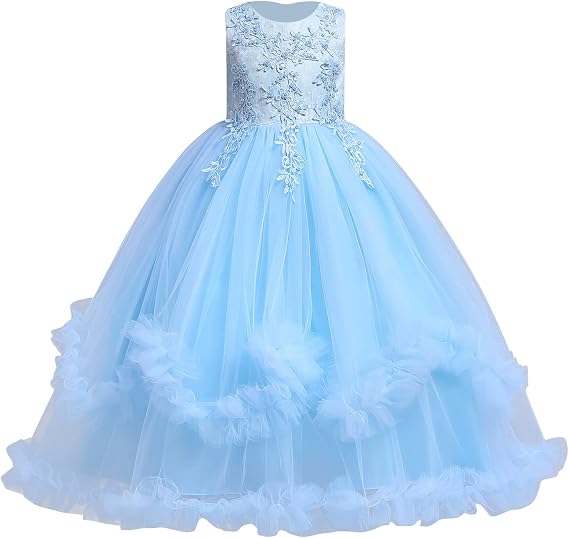 TinyTulle Light Blue Princess Flower Girl Dress with Layered Tulle and Cascading Ruffles