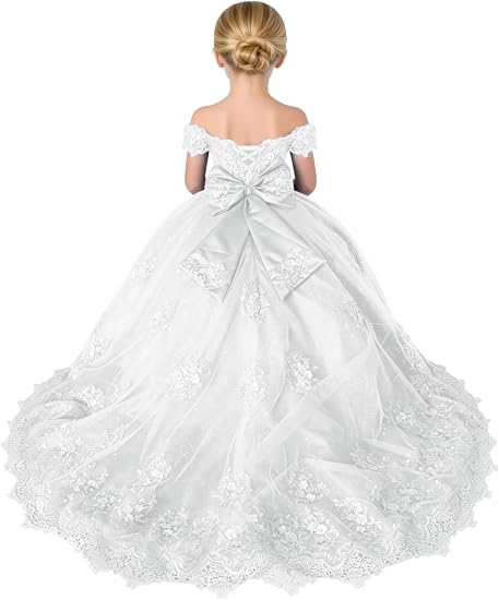 TinyTulle Sparkly Tulle 3D Flower Lace Applique Flower Girl Pageant Gown with Bow