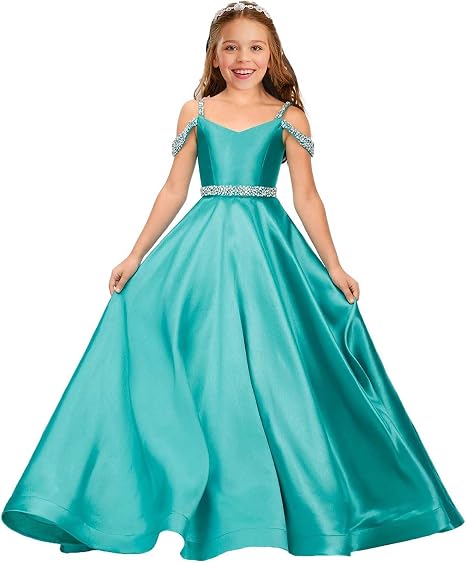 TinyTulle Satin Rhinestone Flower Girl Princess Gown for Weddings &amp; Pageant