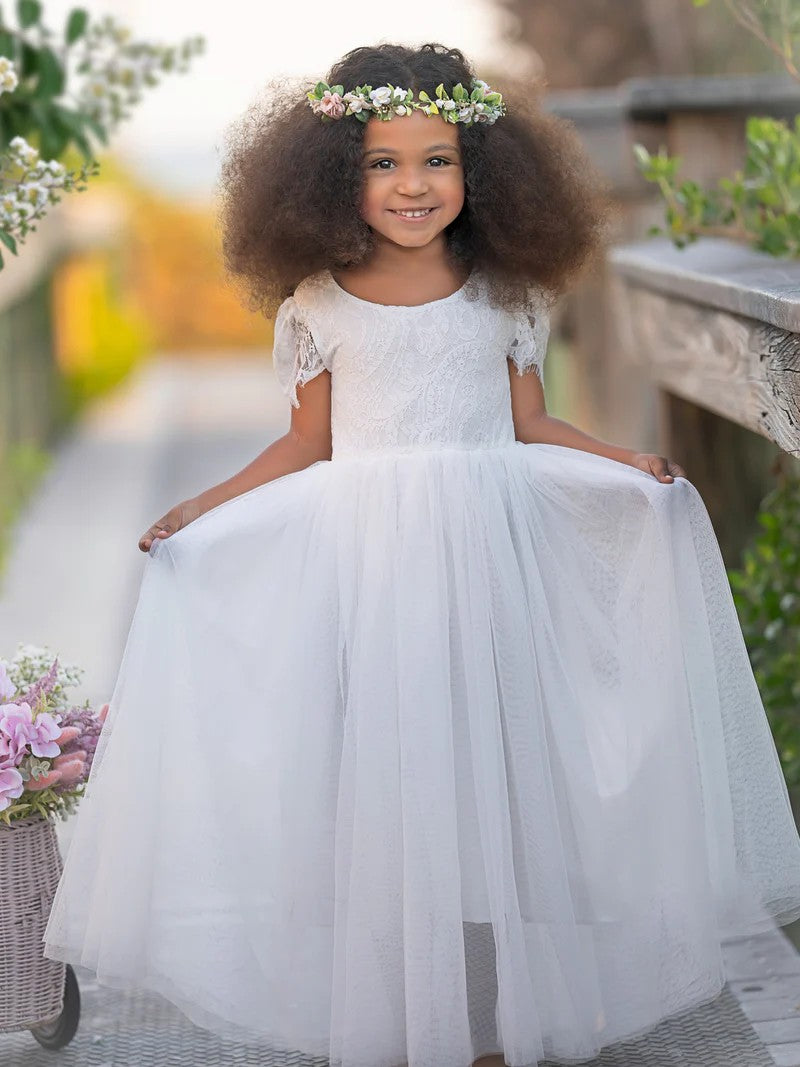 TinyTulle White A-Line Lace Ankle-length Boho Flower Girl Dress