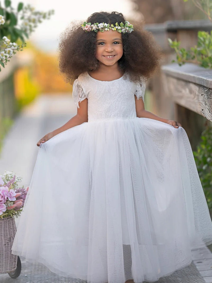 TinyTulle White A-Line Lace Ankle-length Boho Flower Girl Dress