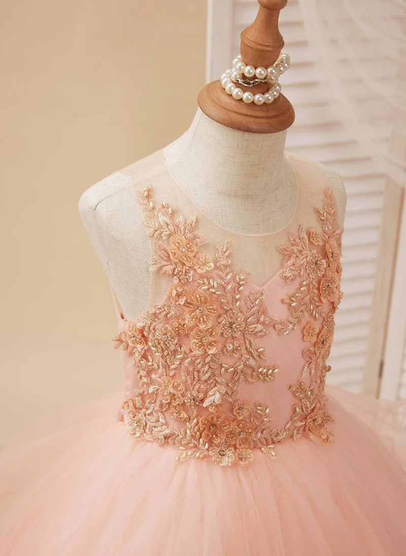 TinyTulle Elegant Blush Pink Layered Tulle Flower Girl Dress with Embroidered Appliqués