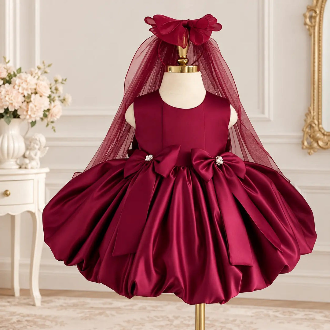 TinyTulle Elegant Burgundy Satin 1st Birthday Dress for Baby Girl