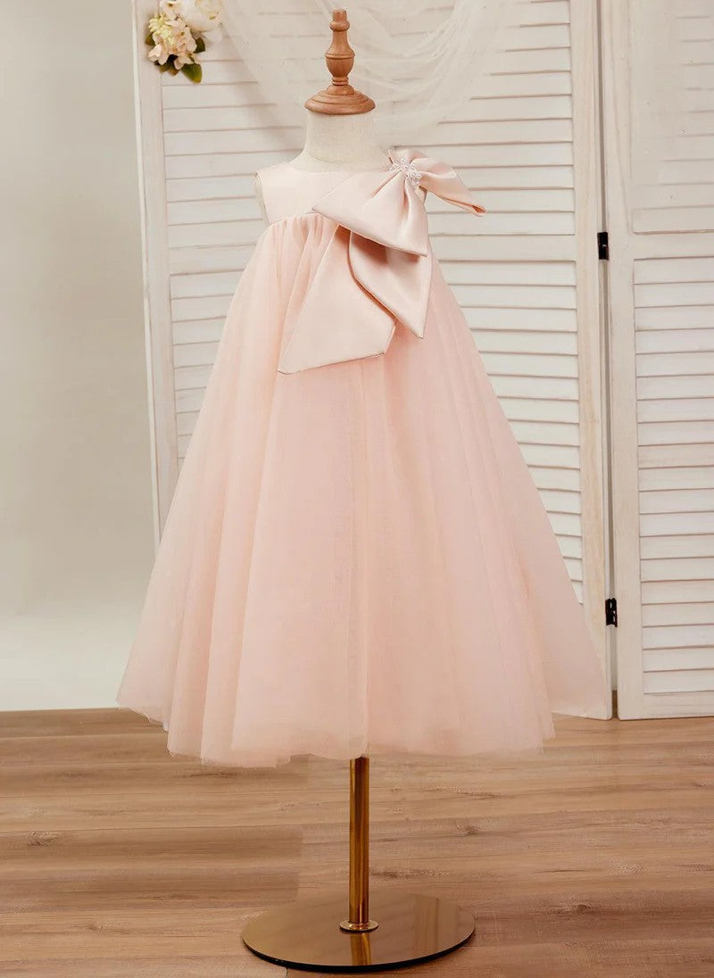 TinyTulle Elegant Pink Sleeveless A-Line Flower Girl Dress with Oversized Satin Bow