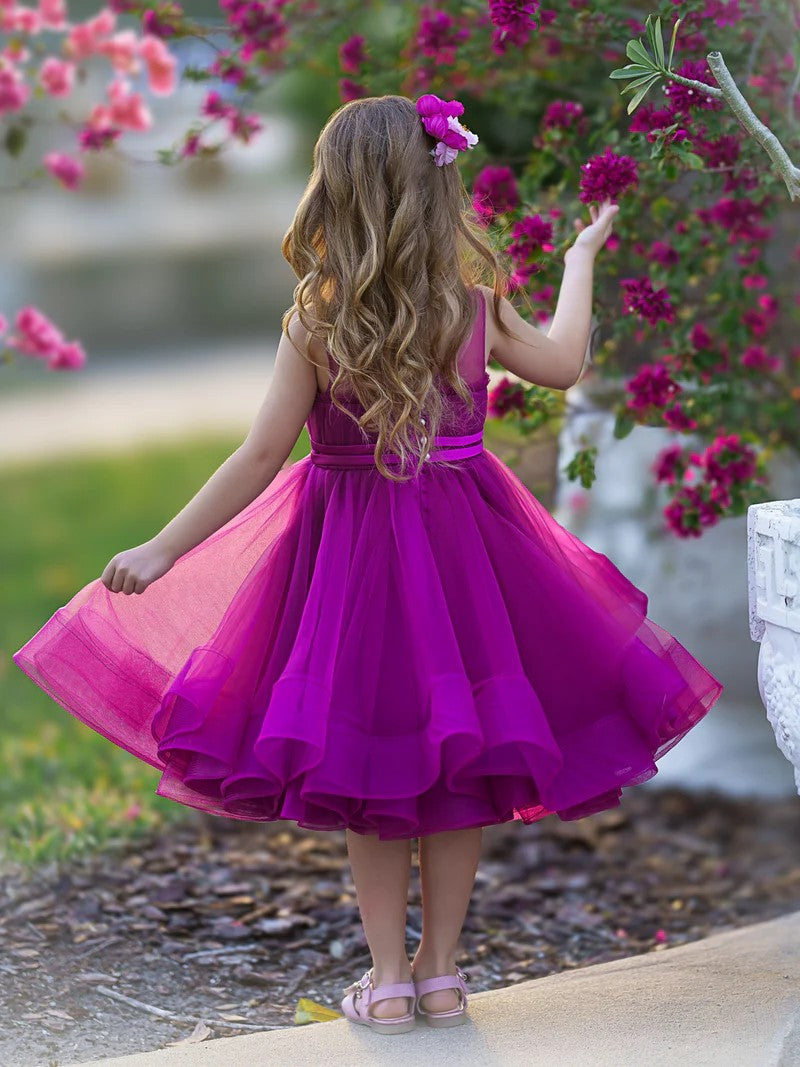 TinyTulle Elegant Magenta Tulle Flower Girl Dress with Bow Waist and Flowy Hem