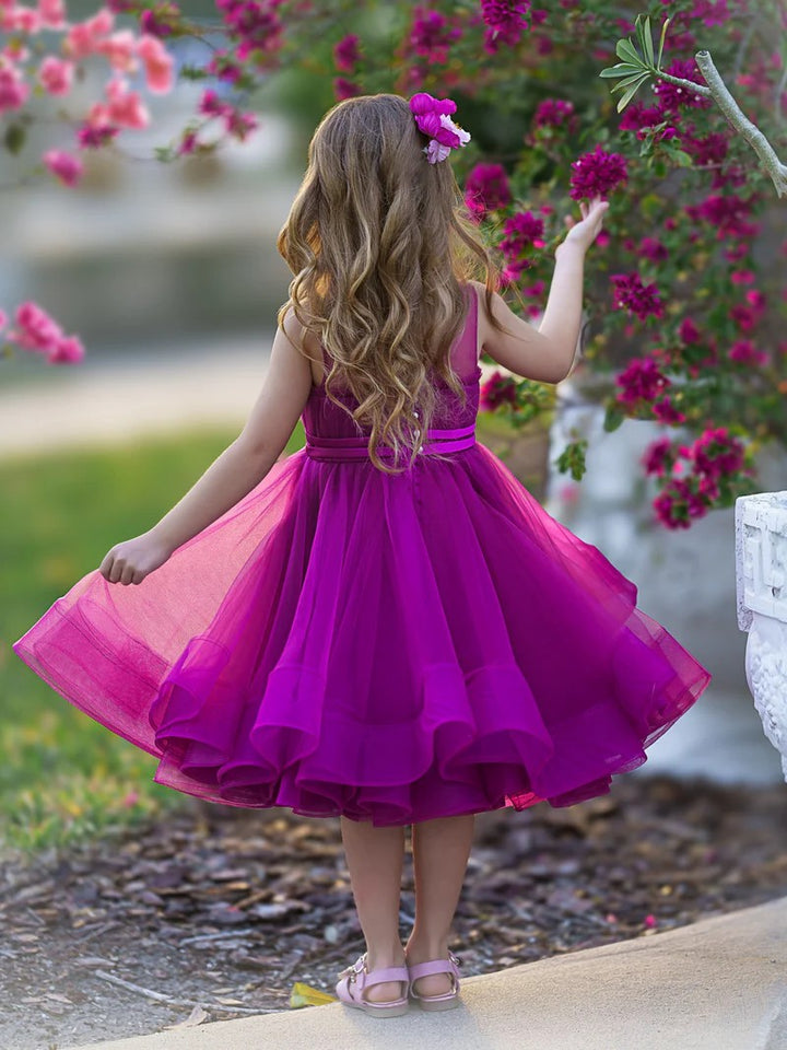 TinyTulle Elegant Magenta Tulle Flower Girl Dress with Bow Waist and Flowy Hem