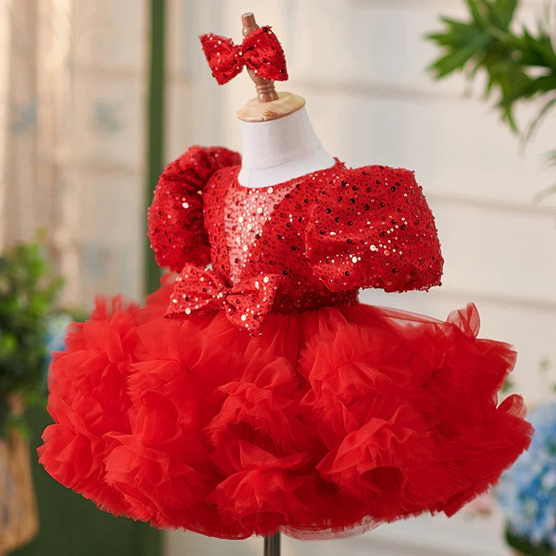 TinyTulle Puff Sleeves Sequin Tulle Ball Gown Baby Girl Dress