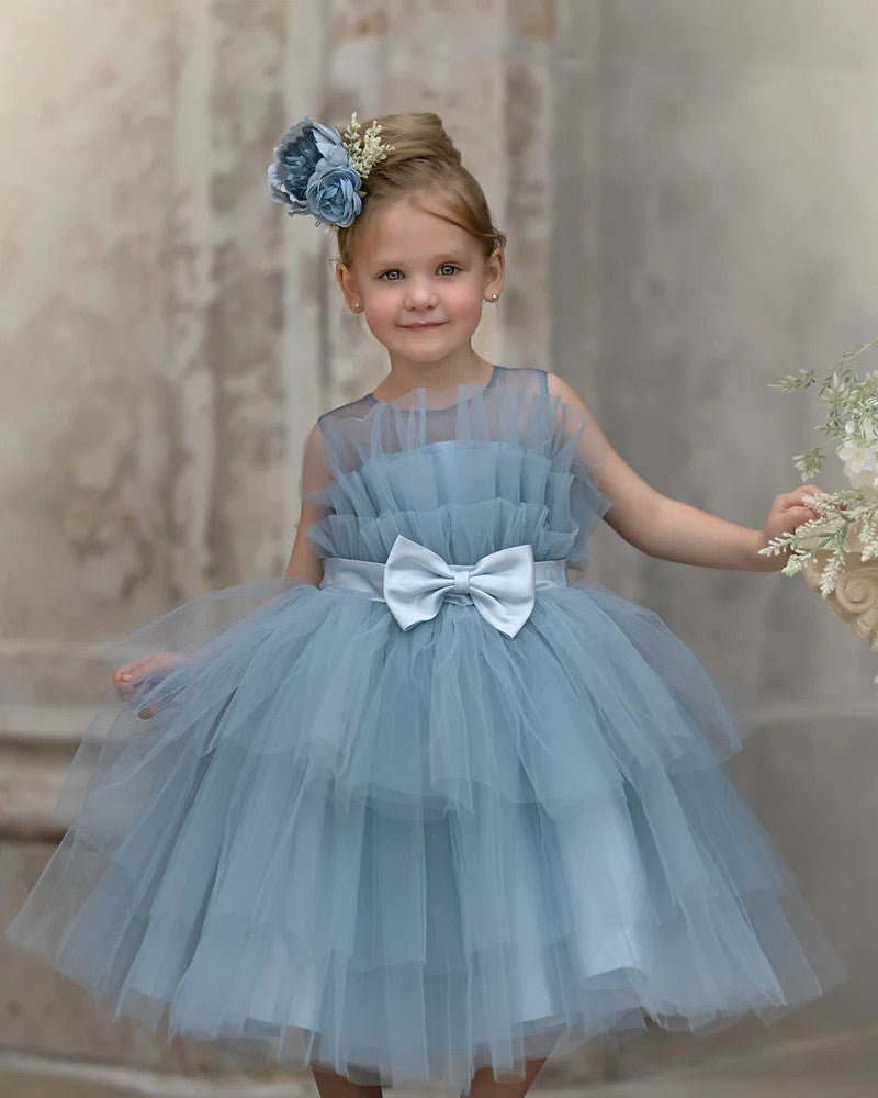 TinyTulle Dusty Blue Tulle Ankle-Length Flower Girl Dress with Bow
