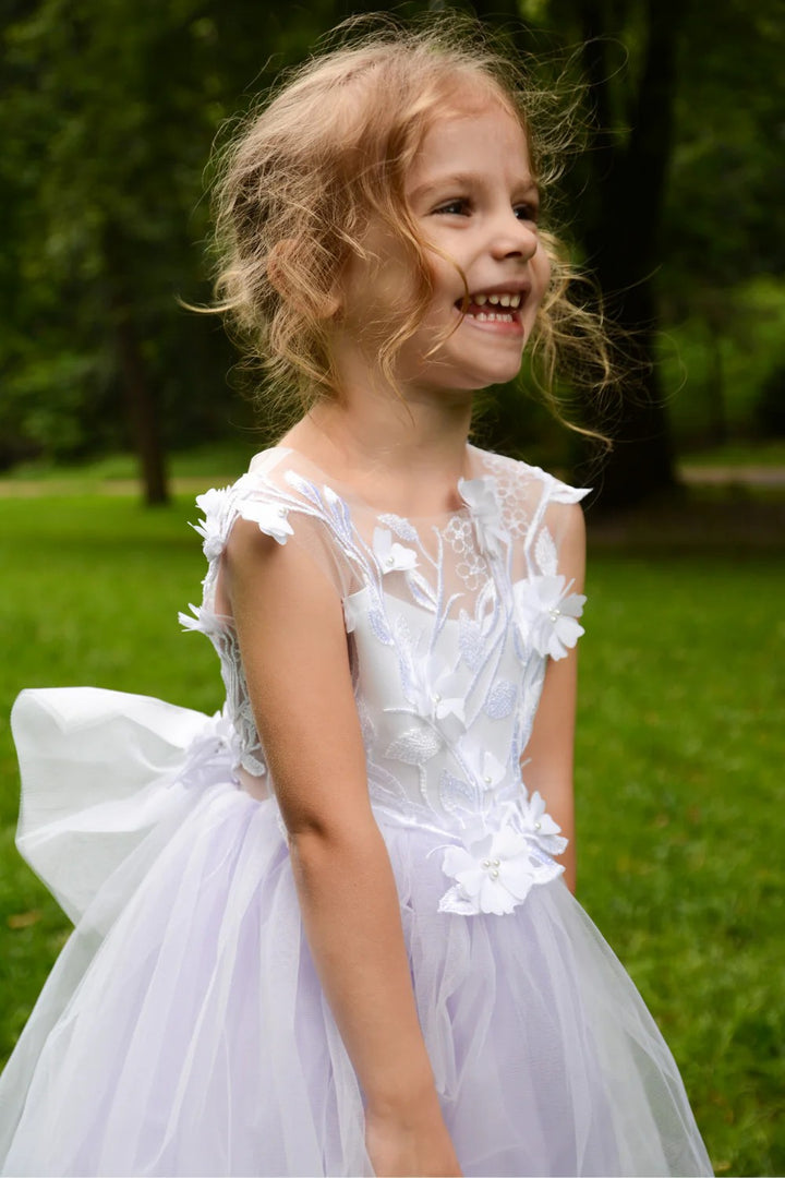 TinyTulle Elegant Light Lavender Floral Applique Tulle Flower Girl Dress for Wedding